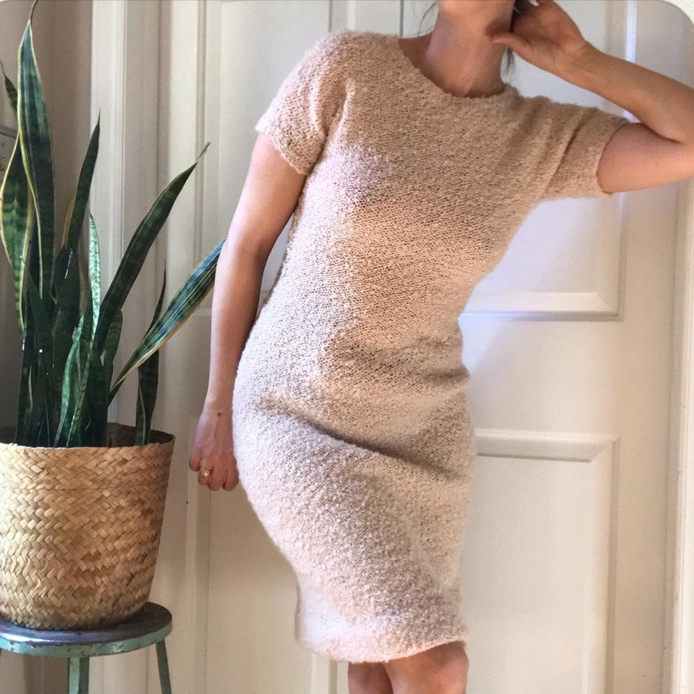 60s pale pink body hugging knit sweater dress